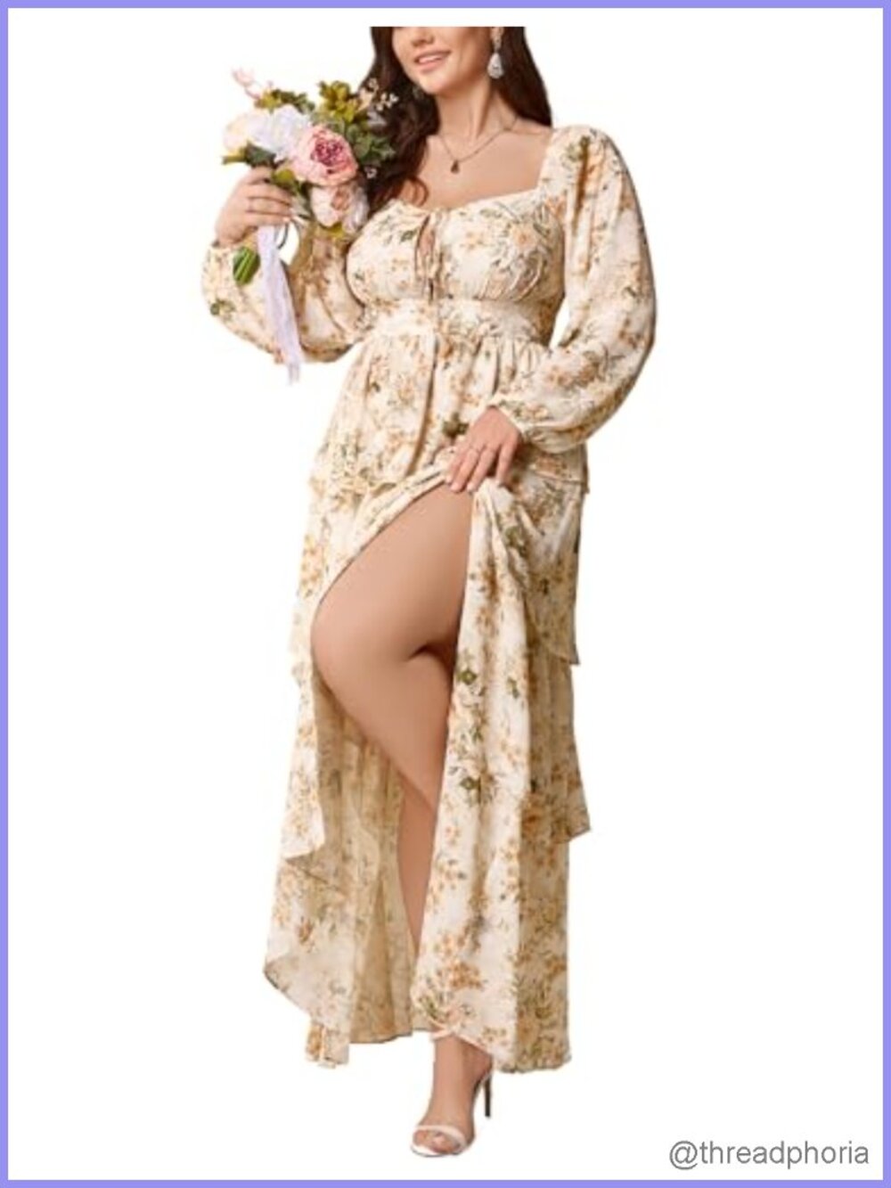 Plus Size Long Sleeve Floral Tiered Semi Formal Wedding Guest Dress